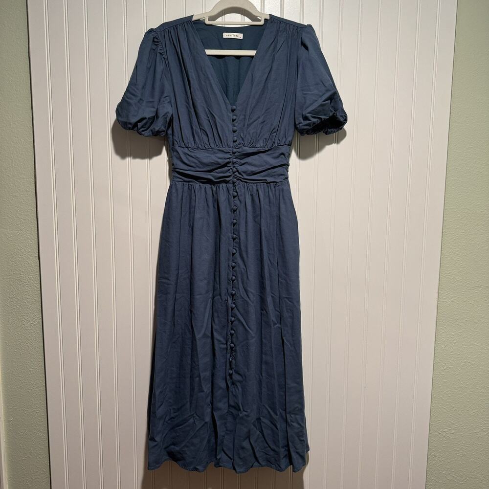 Neuflora Blue Empire Waist Dress Linen Blend Size Medium